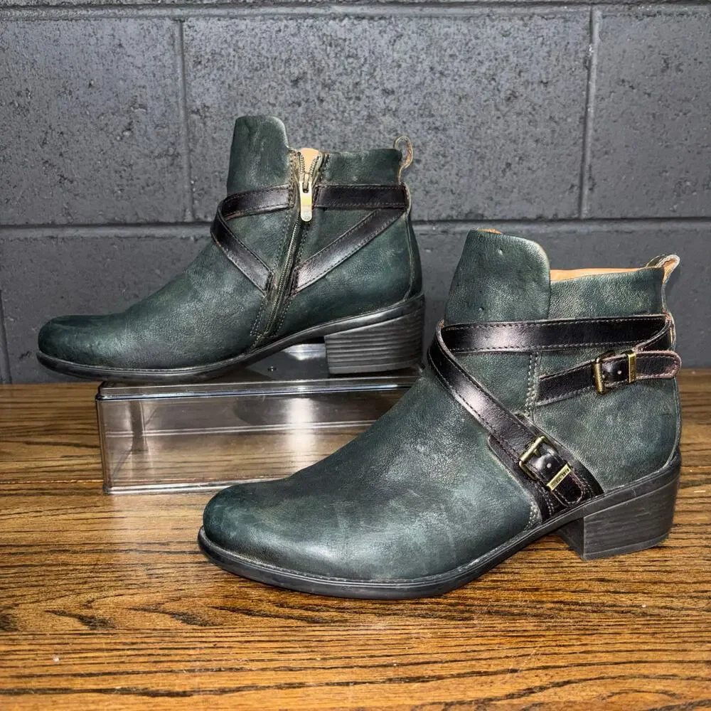 Bussola Green Leather Ankle Boots Buckle Strap Zip EU 40 US 9–9.5
